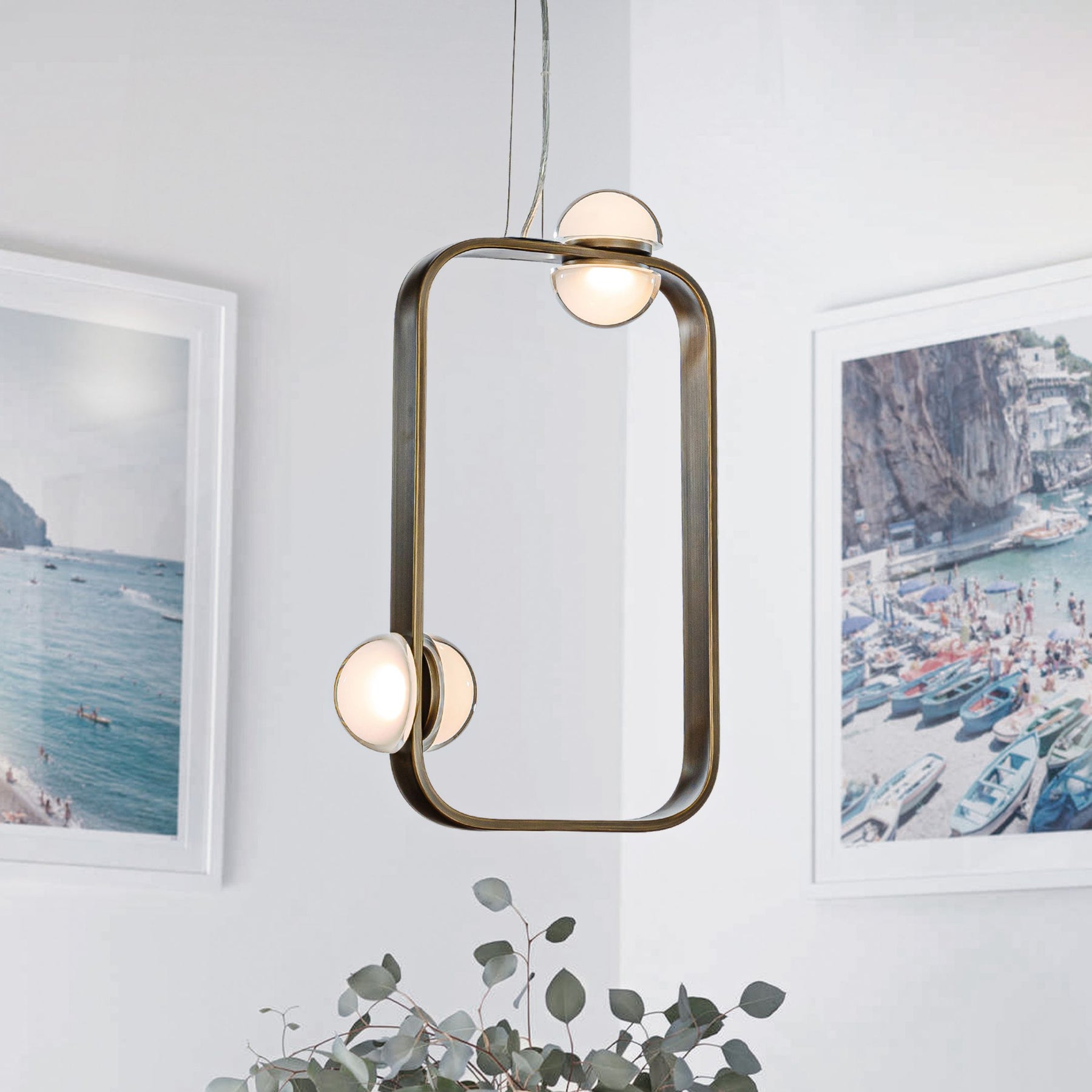 4-Light Modern Rectangle LED Chandelier Unique Painted Copper LED Pendant With Frosted Acrylic Shades