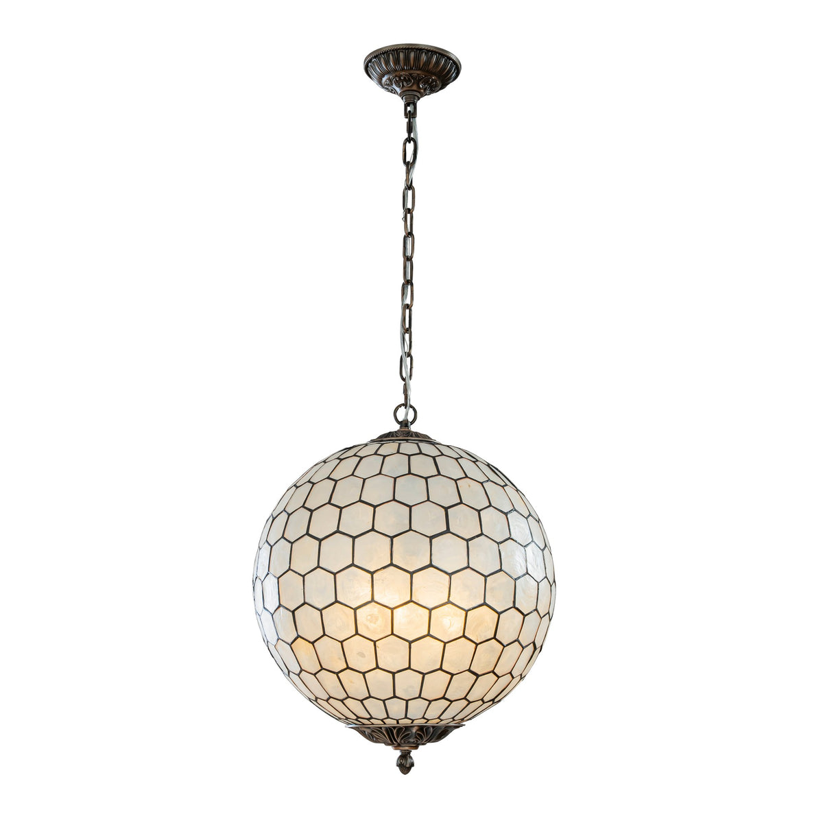 3 Lights W18in Vintage Mid Century Natural Capiz Shell Chandelier Antique Brass French Country Globe Lantern Pendant for Dining Room