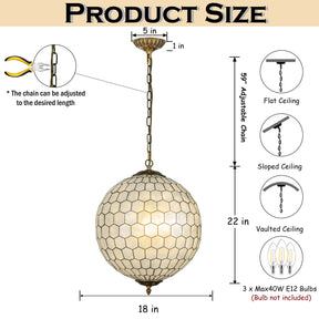 3 Lights W18in Vintage Mid Century Natural Capiz Shell Chandelier Antique Brass French Country Globe Lantern Pendant for Dining Room