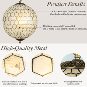3 Lights W18in Vintage Mid Century Natural Capiz Shell Chandelier Antique Brass French Country Globe Lantern Pendant for Dining Room