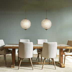 3 Lights W18in Vintage Mid Century Natural Capiz Shell Chandelier Antique Brass French Country Globe Lantern Pendant for Dining Room