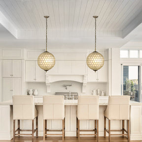 3 Lights W18in Vintage Mid Century Natural Capiz Shell Chandelier Antique Brass French Country Globe Lantern Pendant for Dining Room