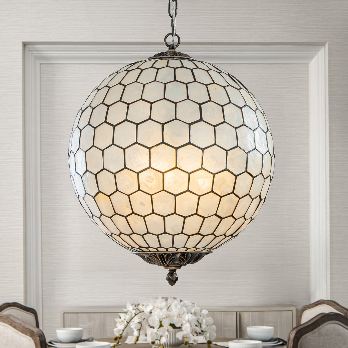3 Lights W18in Vintage Mid Century Natural Capiz Shell Chandelier Antique Brass French Country Globe Lantern Pendant for Dining Room