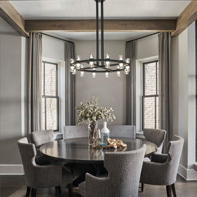 OPEN BOX-Mid-Century Modern 12-Light 32'' Rustic Industrial Round LED Chandelier In Matte Black Finish With Clear Acrylic Shades