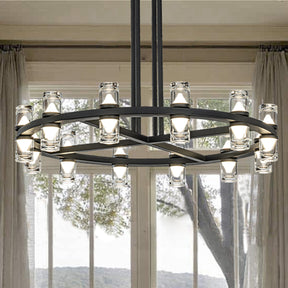 OPEN BOX-Mid-Century Modern 12-Light 32'' Rustic Industrial Round LED Chandelier In Matte Black Finish With Clear Acrylic Shades