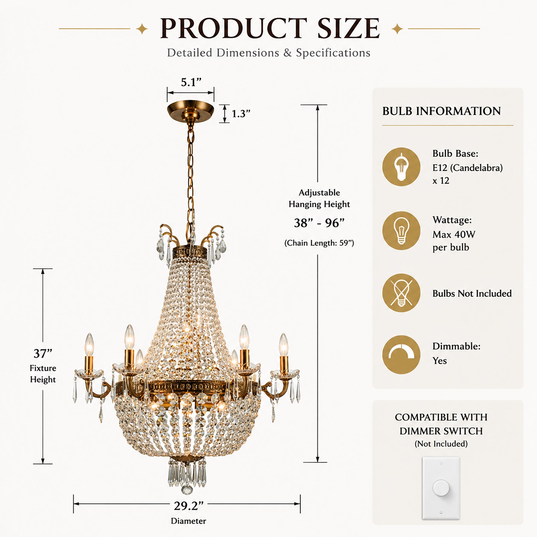 Classic 12-Light Antique Bronze Empire Crystal Chandelier