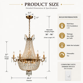 Classic 12-Light Antique Bronze Empire Crystal Chandelier