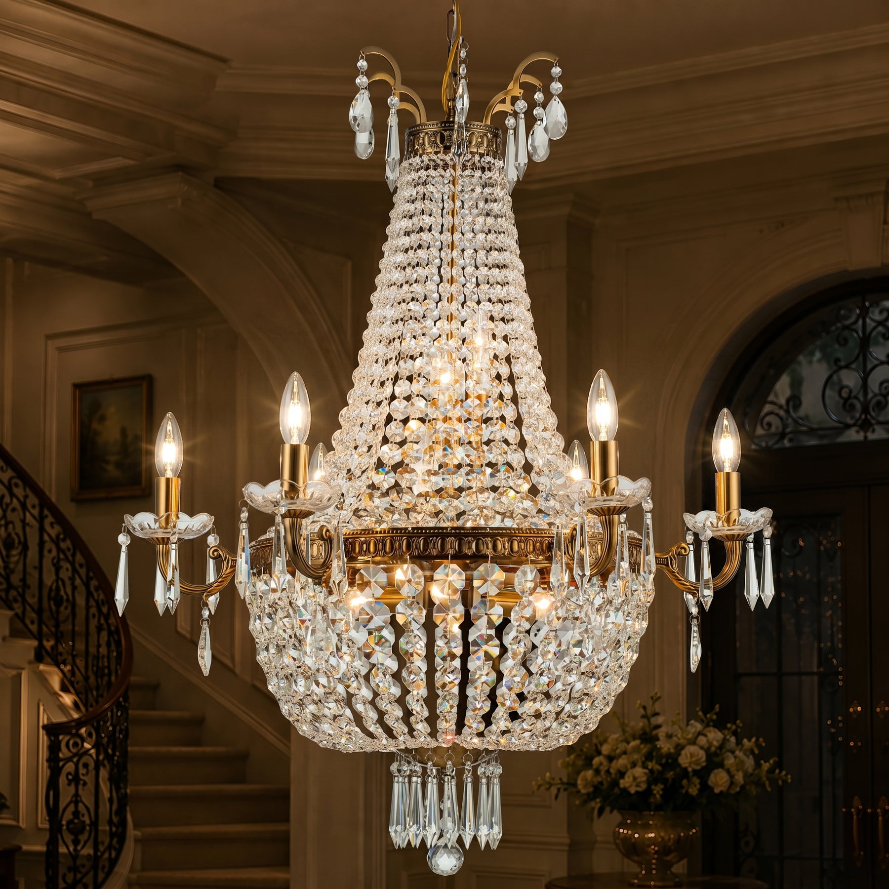 Classic 12-Light Antique Bronze Empire Crystal Chandelier