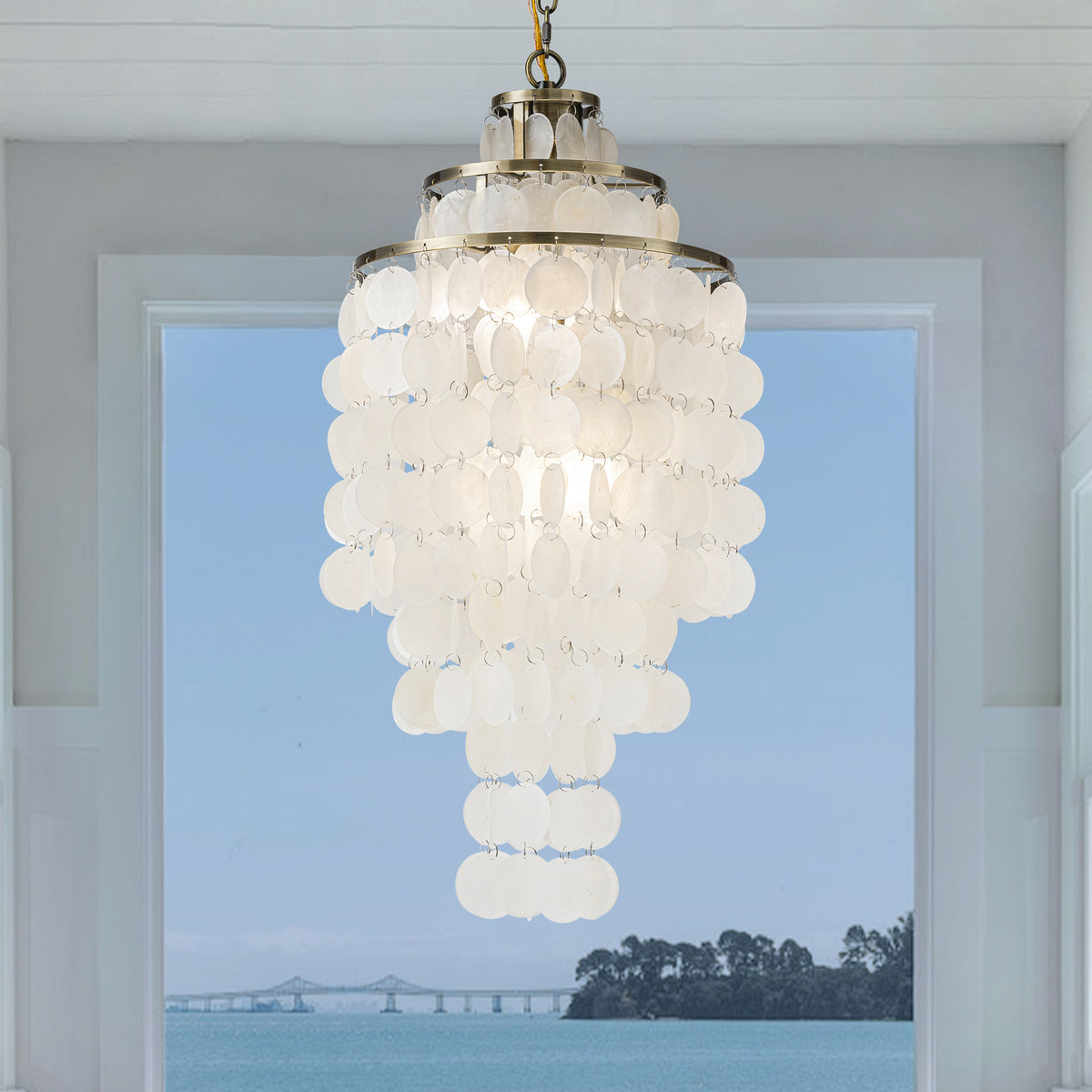 Vintage Small Coastal Capiz Seashells Chandelier