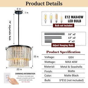 Coastal Natural Capiz Round Chandelier in Matte Black