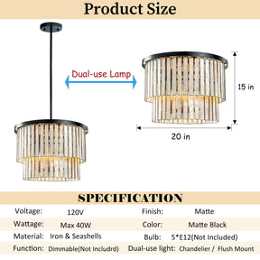 Coastal Capiz Seashells Flush Mount Ceiling Light in Matte Black with Rectangular Shells Panes