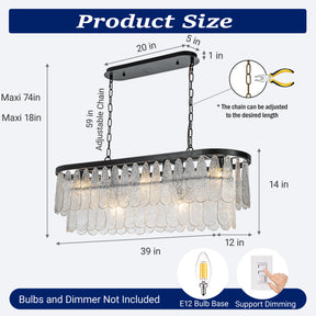 5-Light 39'' Matte Black Rectangle Elegant Textured Glass Chandelier Vintage Art Glass Pendant Light For Dining Room Ktichen Island