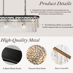 5-Light 39'' Matte Black Rectangle Elegant Textured Glass Chandelier Vintage Art Glass Pendant Light For Dining Room Ktichen Island
