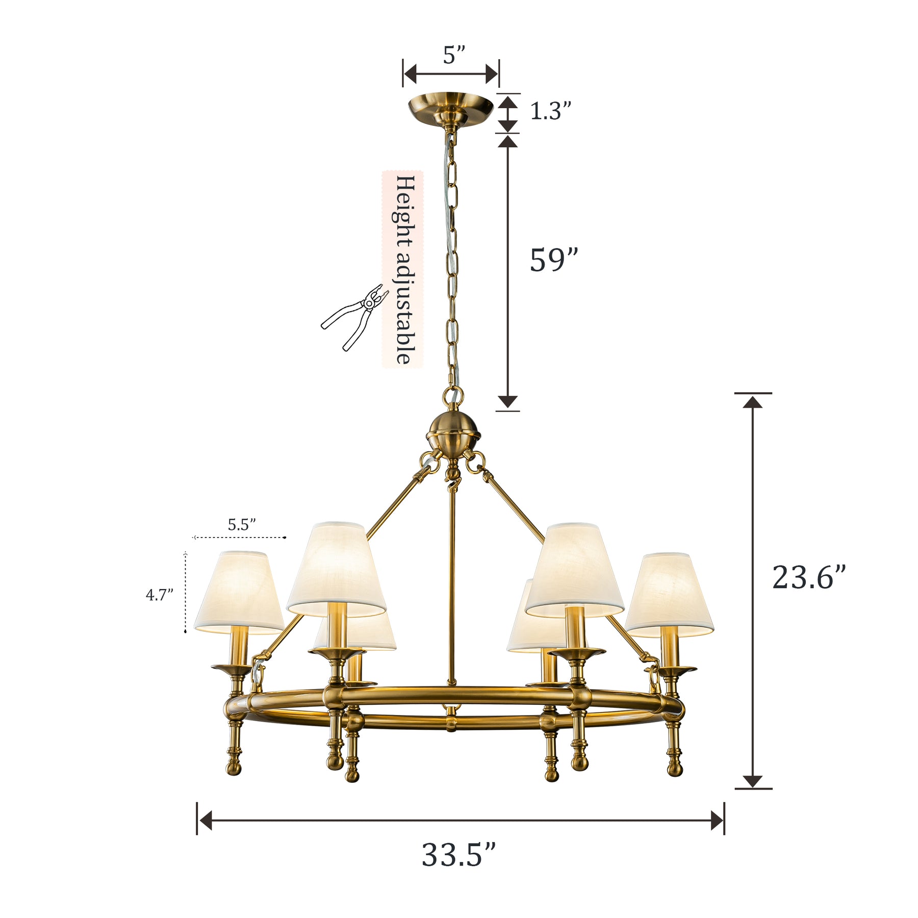 6-Light W34 in Vitage Brass Chandelier Untique Classic Lighting with White Fabric Lamp Shade