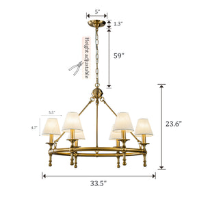 6-Light W34 in Vitage Brass Chandelier Untique Classic Lighting with White Fabric Lamp Shade