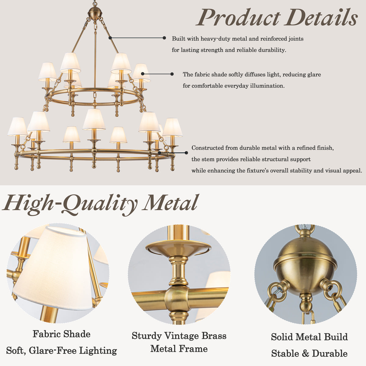 47'' 15-Light Two-Tier Vintage Brass Chandelier with White Fabric Shades for High Ceilings and Large Rooms