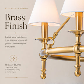 47" Antique Brass Ring Chandelier with White Fabric Shades, 9-Light Dining Room Chandelier for Foyer and Living Room