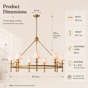 47" Antique Brass Ring Chandelier with White Fabric Shades, 9-Light Dining Room Chandelier for Foyer and Living Room