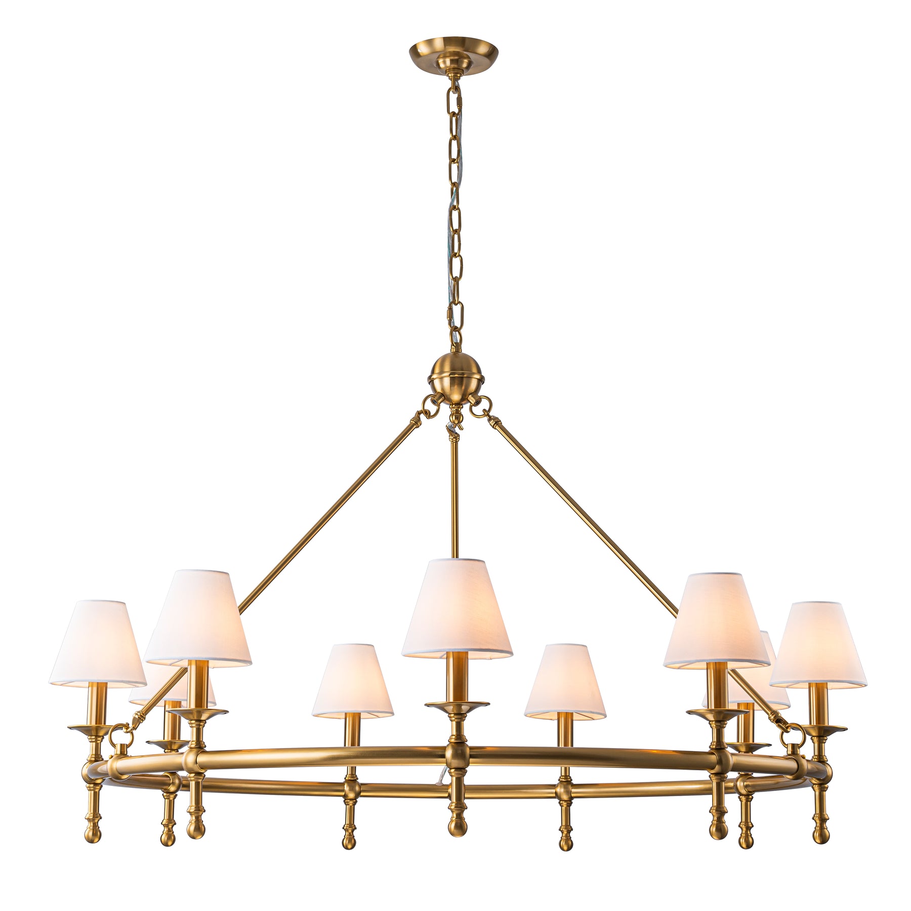47" Antique Brass Ring Chandelier with White Fabric Shades, 9-Light Dining Room Chandelier for Foyer and Living Room