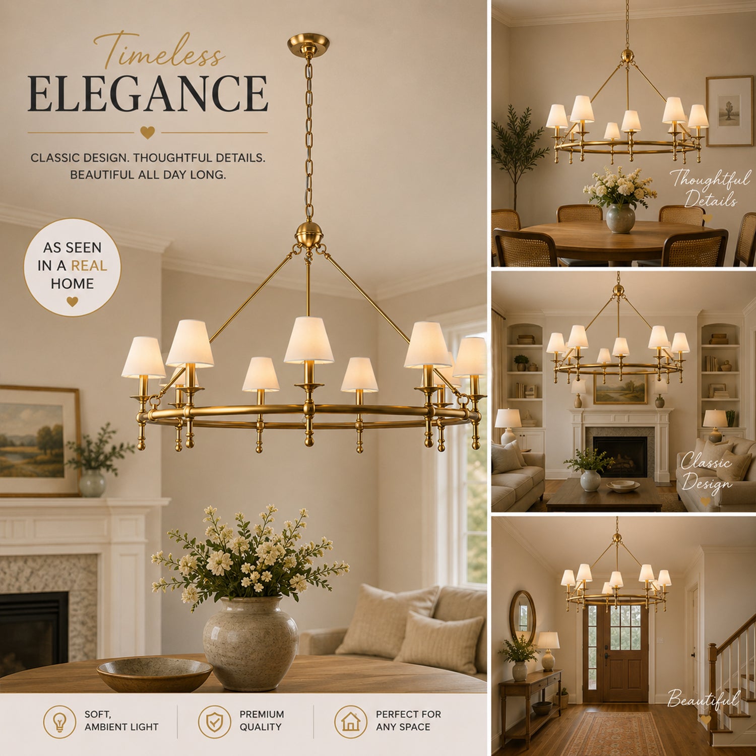 47" Antique Brass Ring Chandelier with White Fabric Shades, 9-Light Dining Room Chandelier for Foyer and Living Room