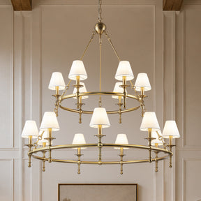 47'' 15-Light Two-Tier Vintage Brass Chandelier with White Fabric Shades for High Ceilings and Large Rooms