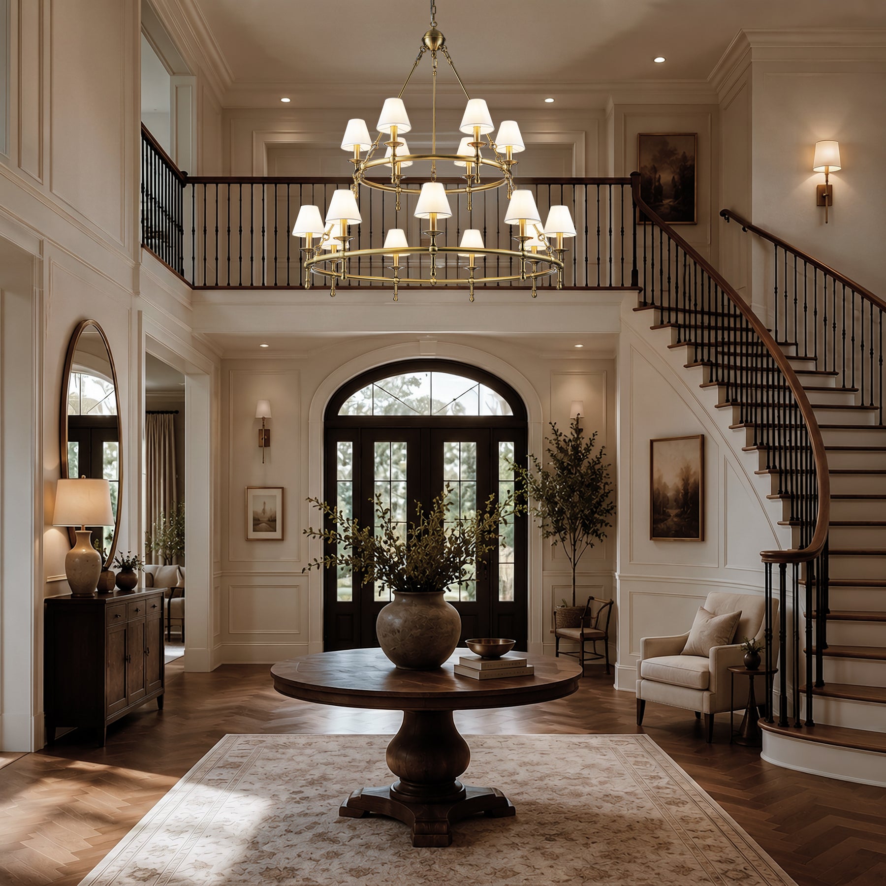47'' 15-Light Two-Tier Vintage Brass Chandelier with White Fabric Shades for High Ceilings and Large Rooms