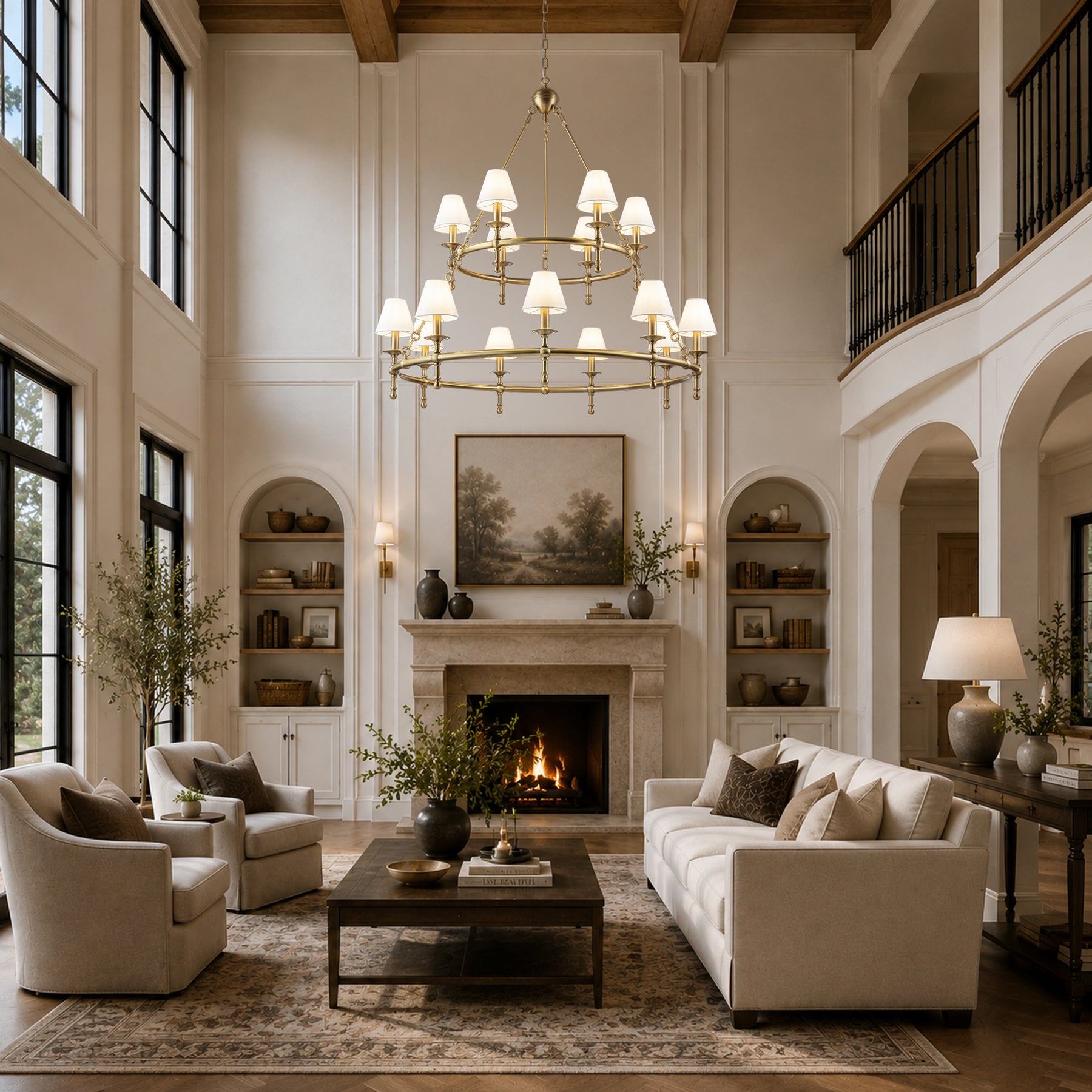 47'' 15-Light Two-Tier Vintage Brass Chandelier with White Fabric Shades for High Ceilings and Large Rooms