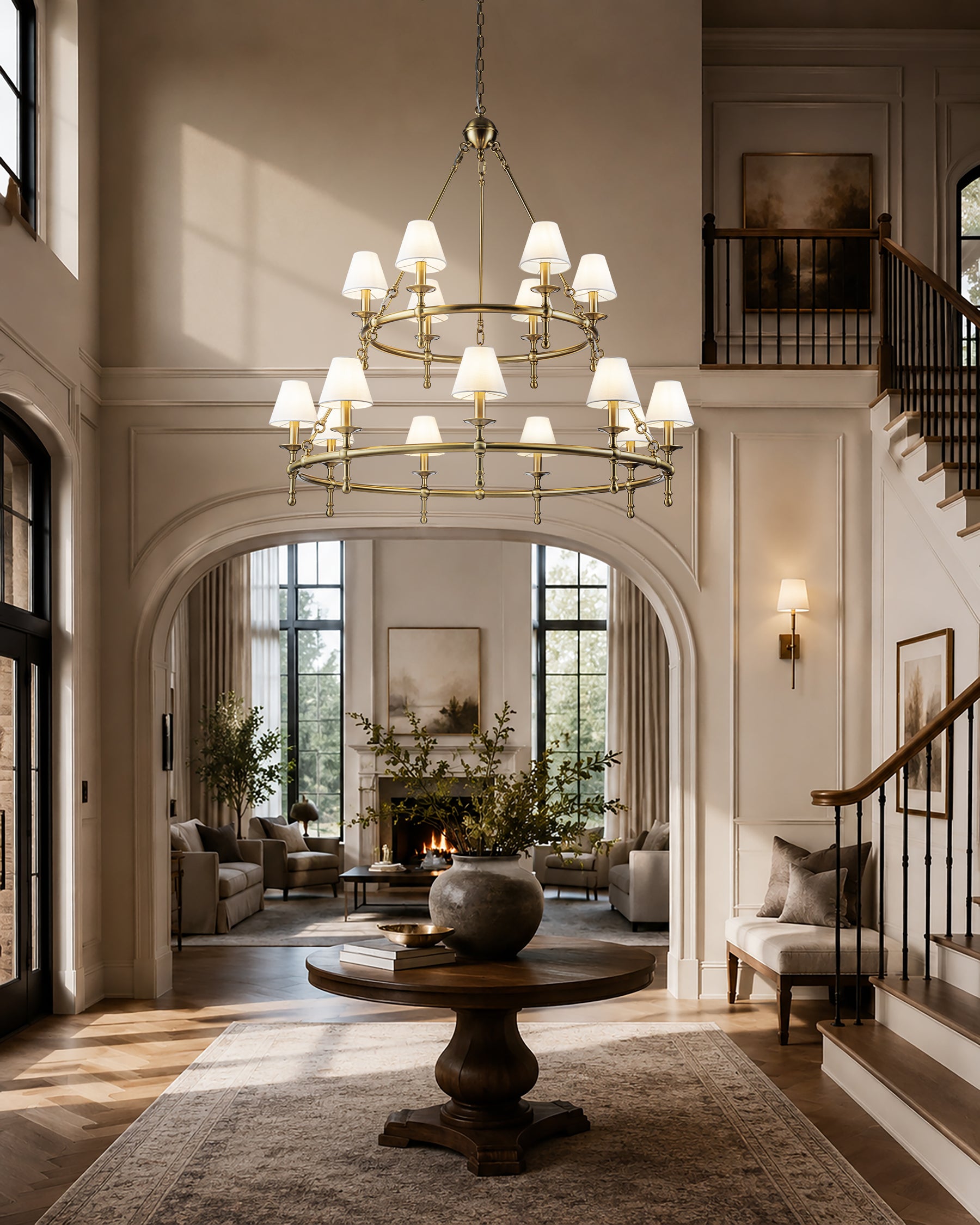 47'' 15-Light Two-Tier Vintage Brass Chandelier with White Fabric Shades for High Ceilings and Large Rooms
