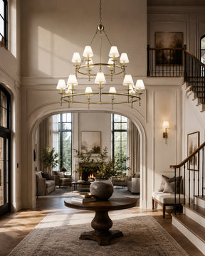 47'' 15-Light Two-Tier Vintage Brass Chandelier with White Fabric Shades for High Ceilings and Large Rooms