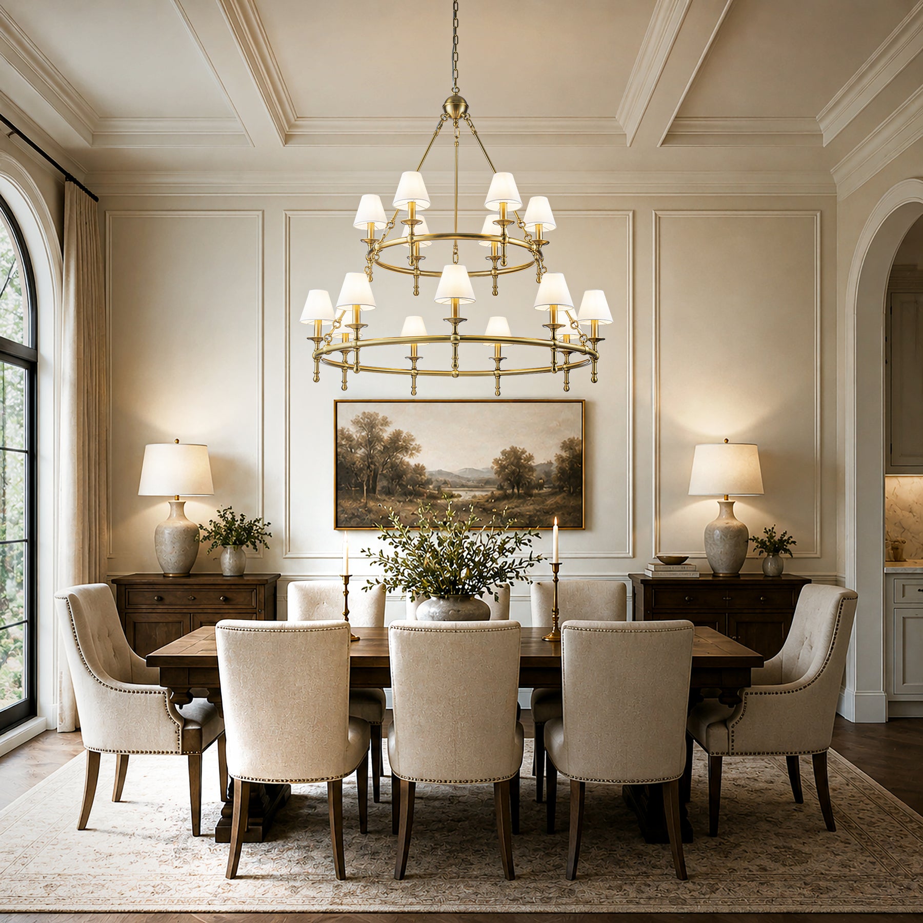 47'' 15-Light Two-Tier Vintage Brass Chandelier with White Fabric Shades for High Ceilings and Large Rooms