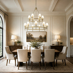 47'' 15-Light Two-Tier Vintage Brass Chandelier with White Fabric Shades for High Ceilings and Large Rooms