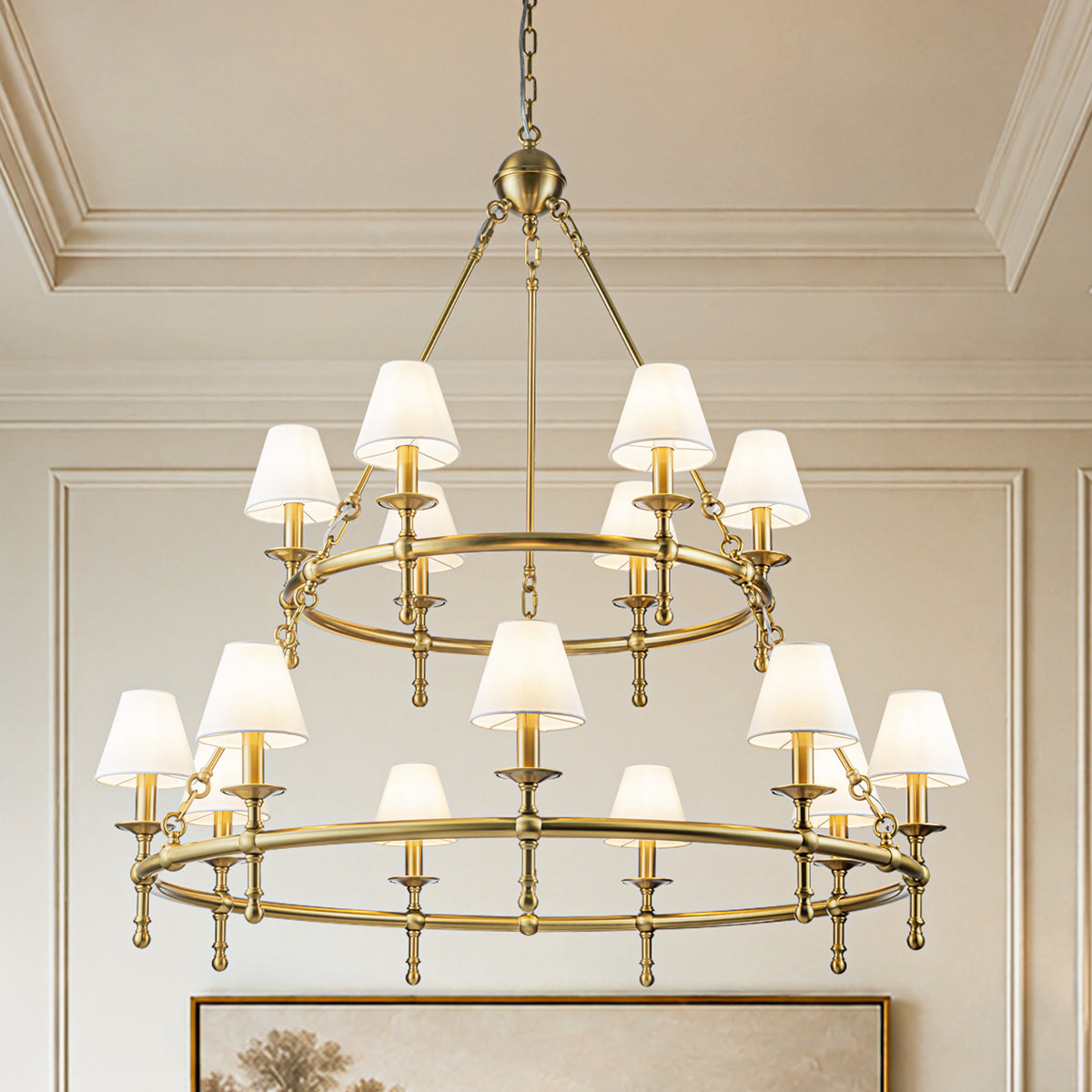 47'' 15-Light Two-Tier Vintage Brass Chandelier with White Fabric Shades for High Ceilings and Large Rooms