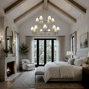47'' 15-Light Two-Tier Vintage Brass Chandelier with White Fabric Shades for High Ceilings and Large Rooms