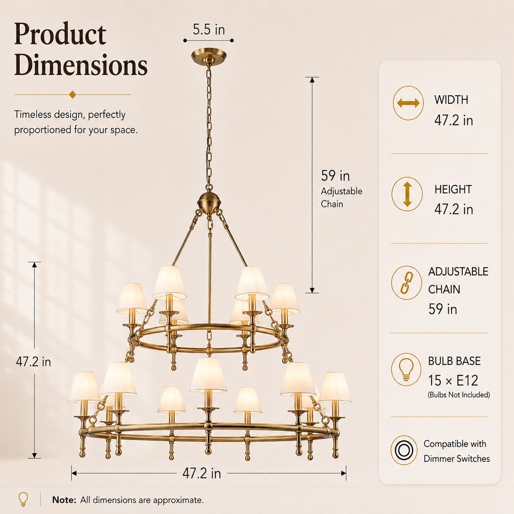 47'' 15-Light Two-Tier Vintage Brass Chandelier with White Fabric Shades for High Ceilings and Large Rooms