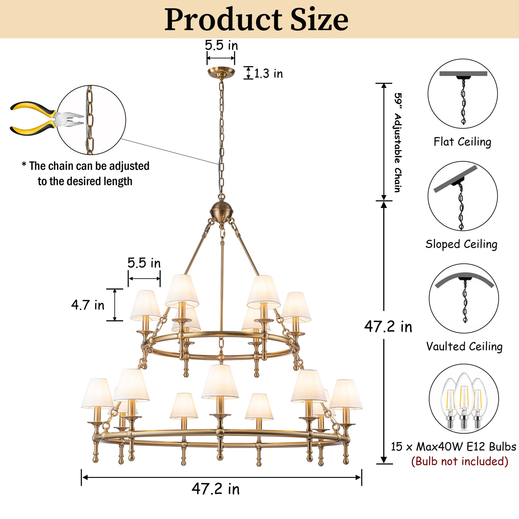 47'' 15-Light Two-Tier Vintage Brass Chandelier with White Fabric Shades for High Ceilings and Large Rooms