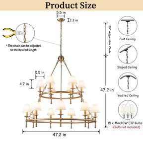 47'' 15-Light Two-Tier Vintage Brass Chandelier with White Fabric Shades for High Ceilings and Large Rooms