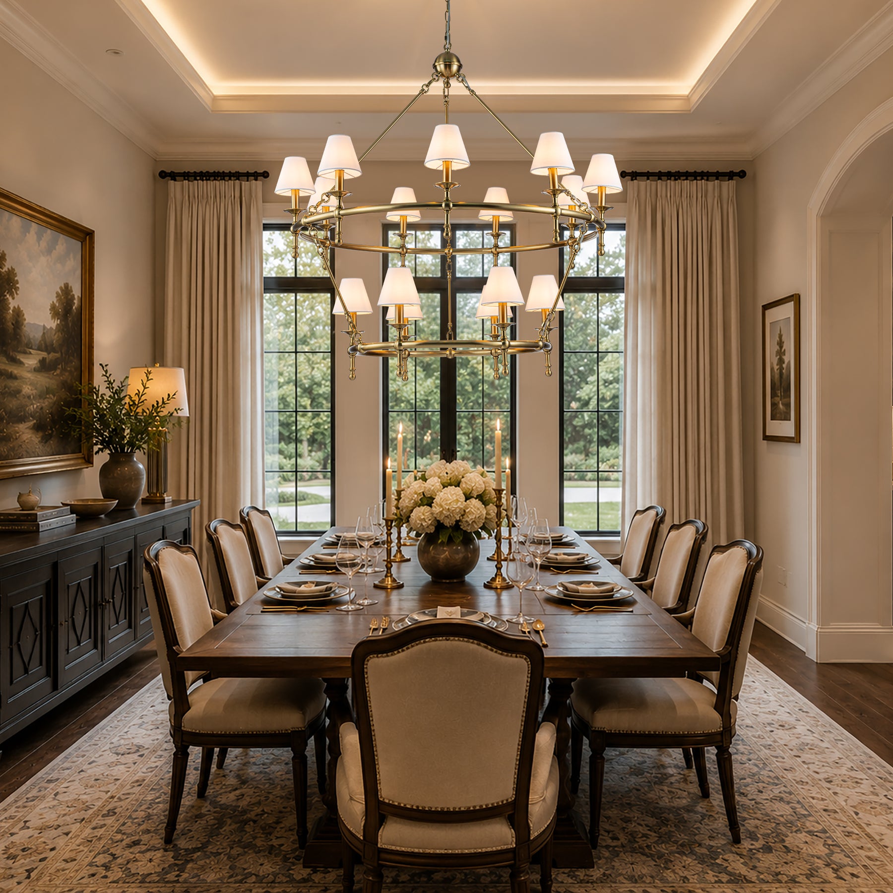 W47'' Large Warm Brass Two-Tier Chandelier 6-Light Classic Pendant Fixture with White Shades for Dining Room Foyer Living Room