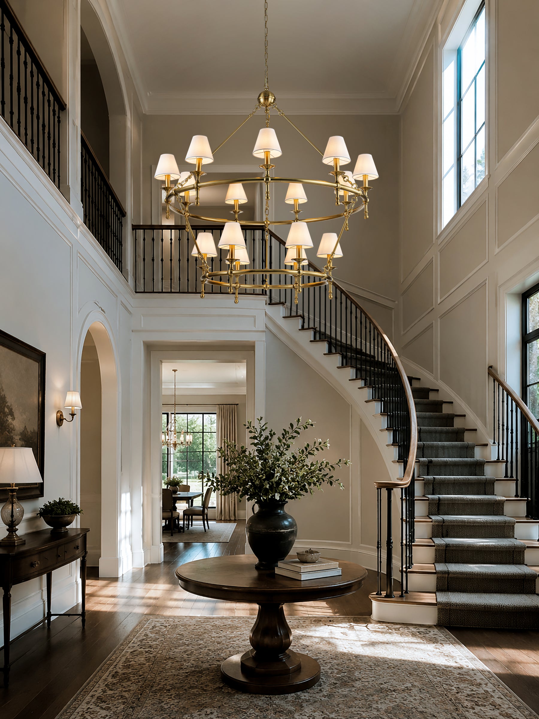 W47'' Large Warm Brass Two-Tier Chandelier 6-Light Classic Pendant Fixture with White Shades for Dining Room Foyer Living Room