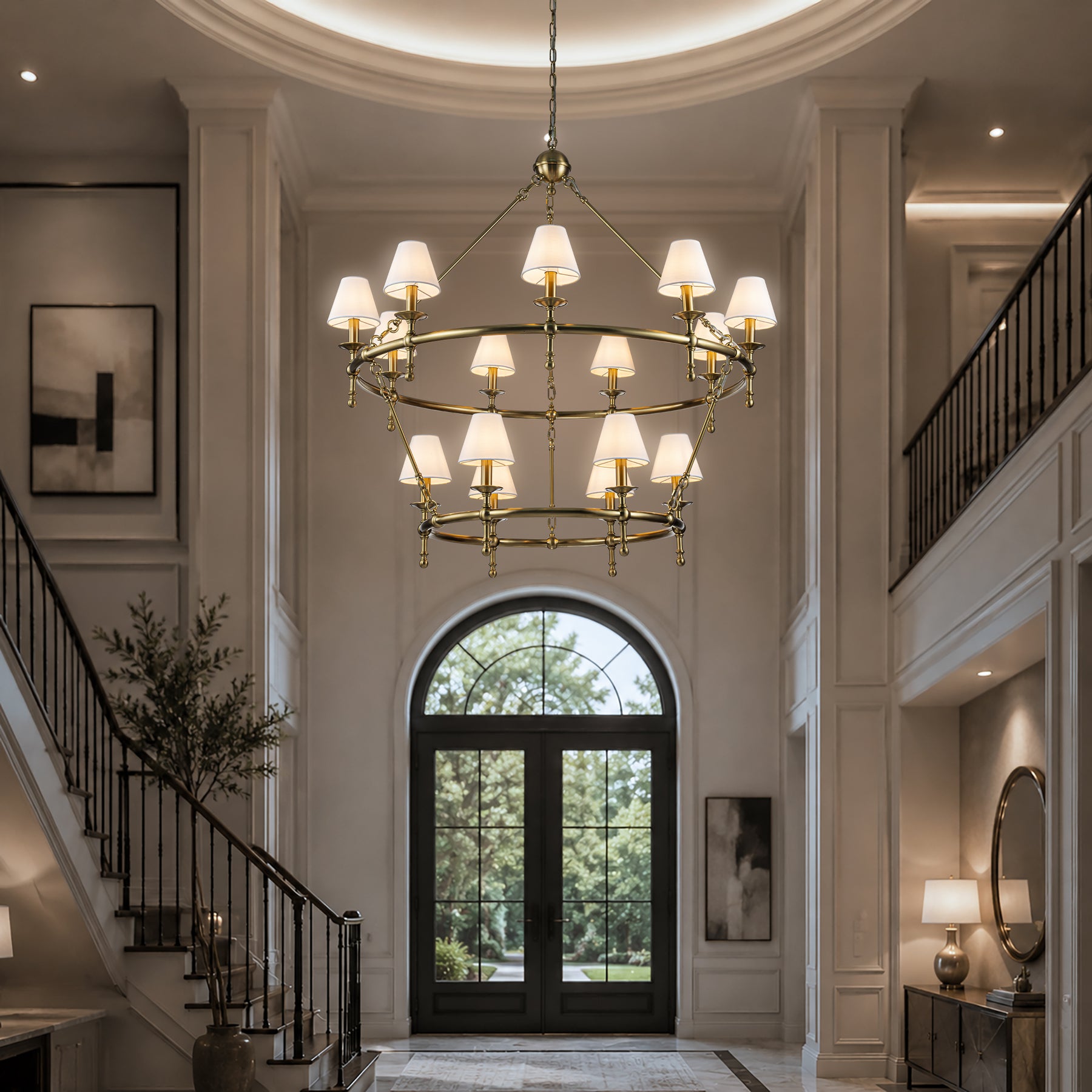 W47'' Large Warm Brass Two-Tier Chandelier 6-Light Classic Pendant Fixture with White Shades for Dining Room Foyer Living Room