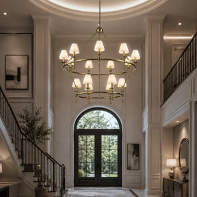 W47'' Large Warm Brass Two-Tier Chandelier 6-Light Classic Pendant Fixture with White Shades for Dining Room Foyer Living Room