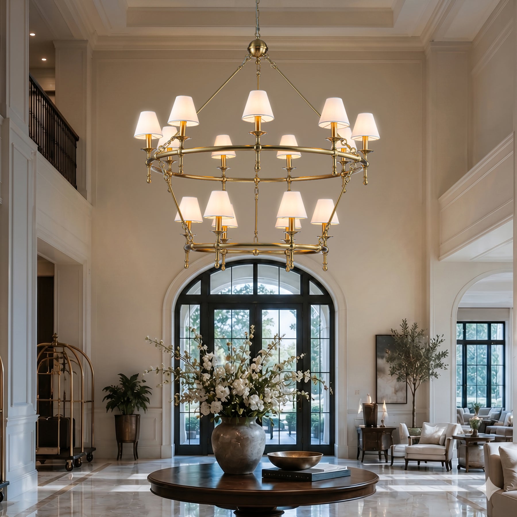 W47'' Large Warm Brass Two-Tier Chandelier 6-Light Classic Pendant Fixture with White Shades for Dining Room Foyer Living Room