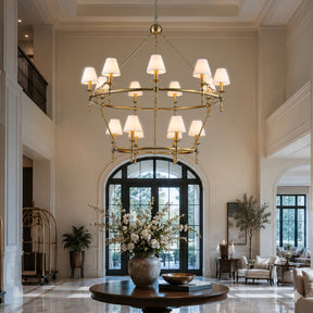 W47'' Large Warm Brass Two-Tier Chandelier 6-Light Classic Pendant Fixture with White Shades for Dining Room Foyer Living Room
