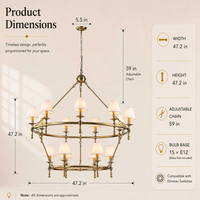 W47'' Large Warm Brass Two-Tier Chandelier 6-Light Classic Pendant Fixture with White Shades for Dining Room Foyer Living Room