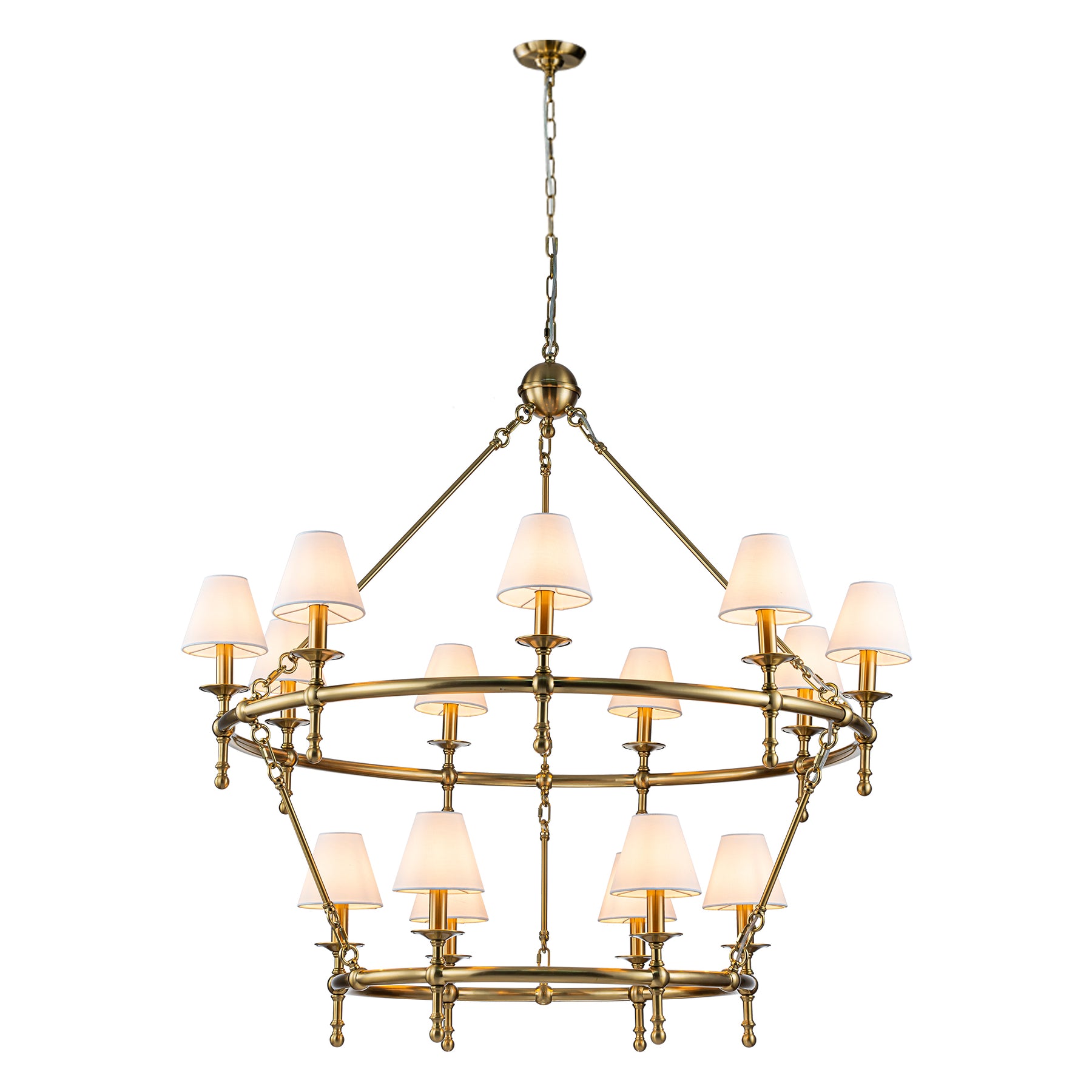 W47'' Large Warm Brass Two-Tier Chandelier 6-Light Classic Pendant Fixture with White Shades for Dining Room Foyer Living Room