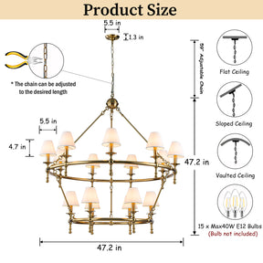 W47'' Large Warm Brass Two-Tier Chandelier 6-Light Classic Pendant Fixture with White Shades for Dining Room Foyer Living Room