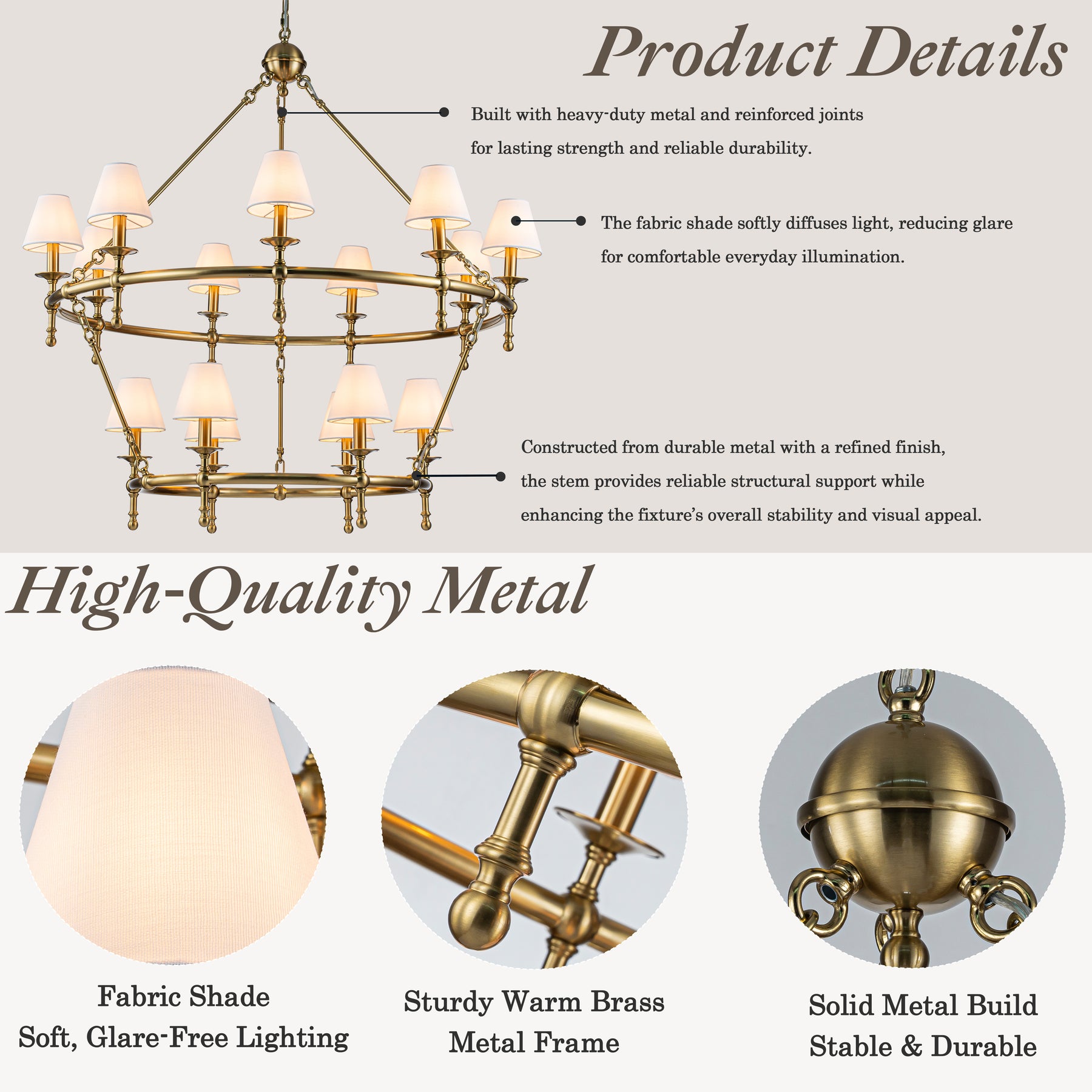 W47'' Large Warm Brass Two-Tier Chandelier 6-Light Classic Pendant Fixture with White Shades for Dining Room Foyer Living Room