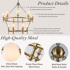 W47'' Large Warm Brass Two-Tier Chandelier 6-Light Classic Pendant Fixture with White Shades for Dining Room Foyer Living Room