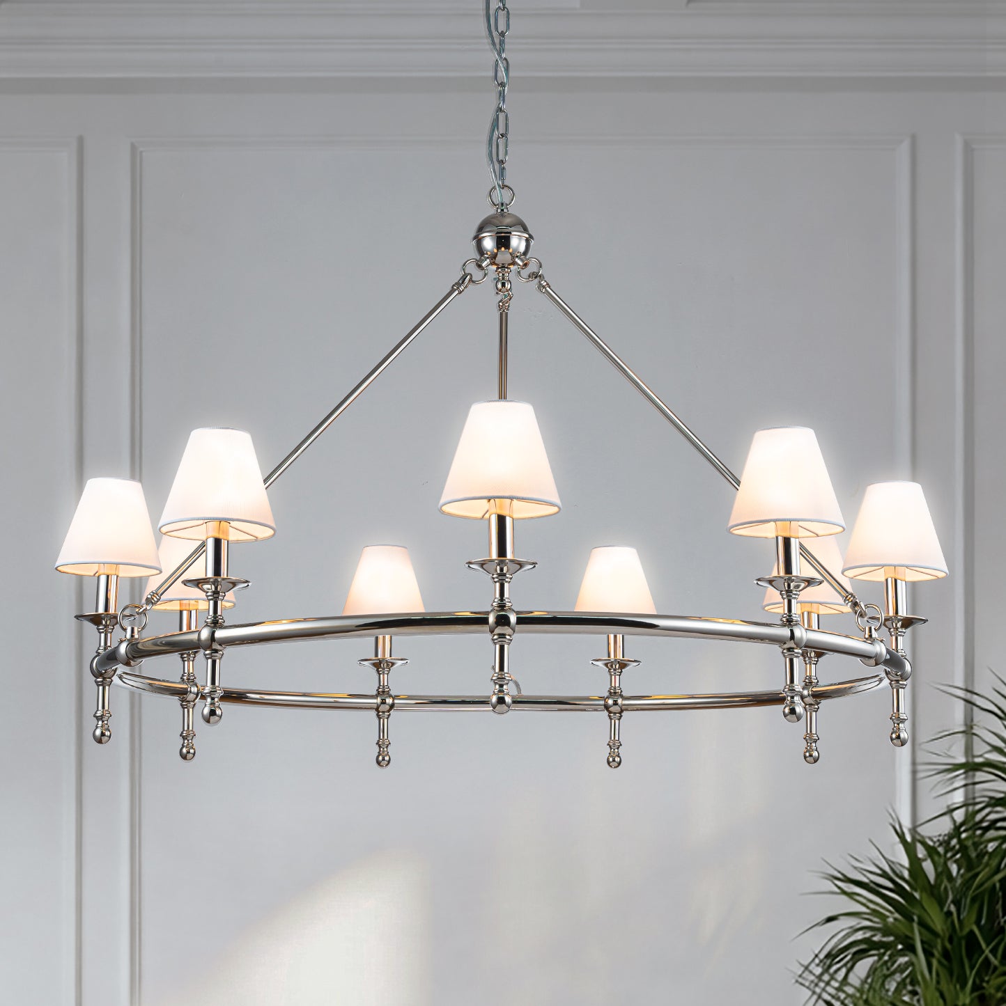 47" 9-Light Extra Large Modern Polished Nickel Chandelier with White Fabric Shades For Dining Room or Living Room