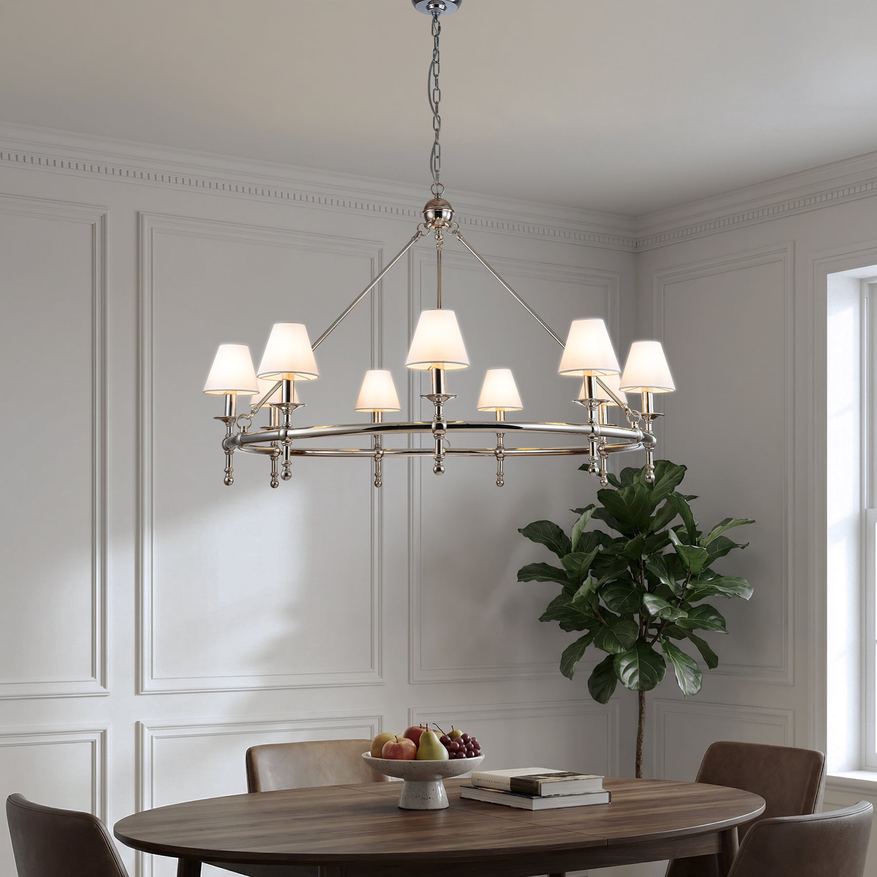 47" 9-Light Extra Large Modern Polished Nickel Chandelier with White Fabric Shades For Dining Room or Living Room