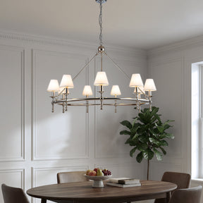 47" 9-Light Extra Large Modern Polished Nickel Chandelier with White Fabric Shades For Dining Room or Living Room